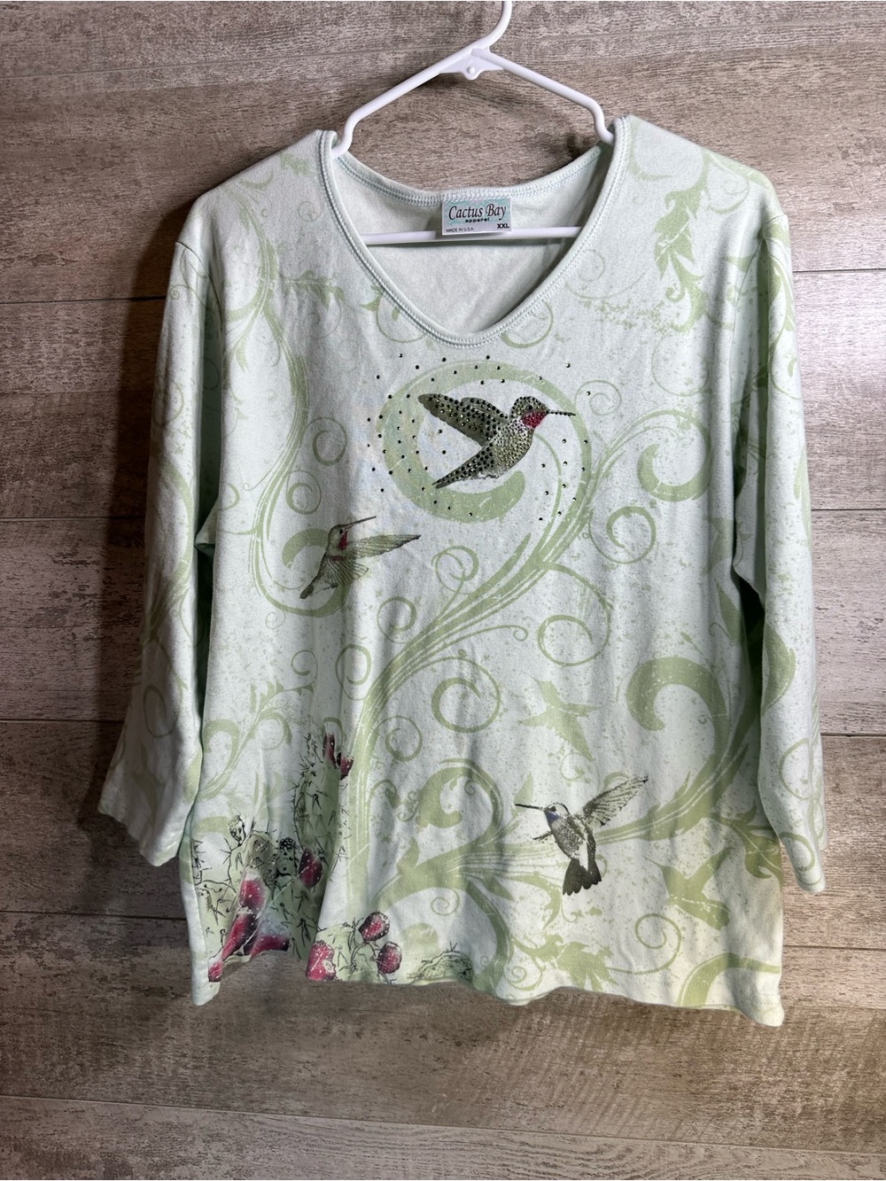 VTG Cactus Bay Hummingbird Rhinestone Bling Top Plus XXL